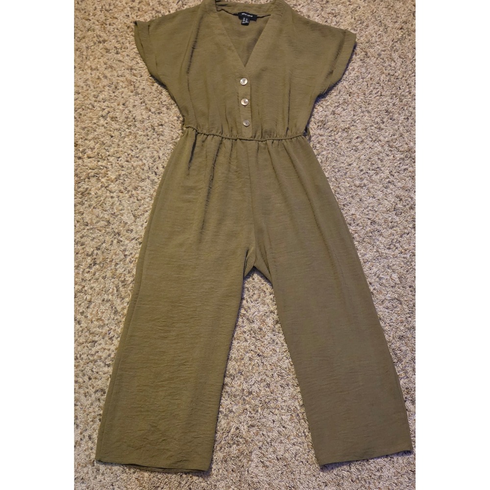 New Look Short Sleeve Button Down Bodice‎ Wide Leg Jumpsuit Women's Size 4 Green